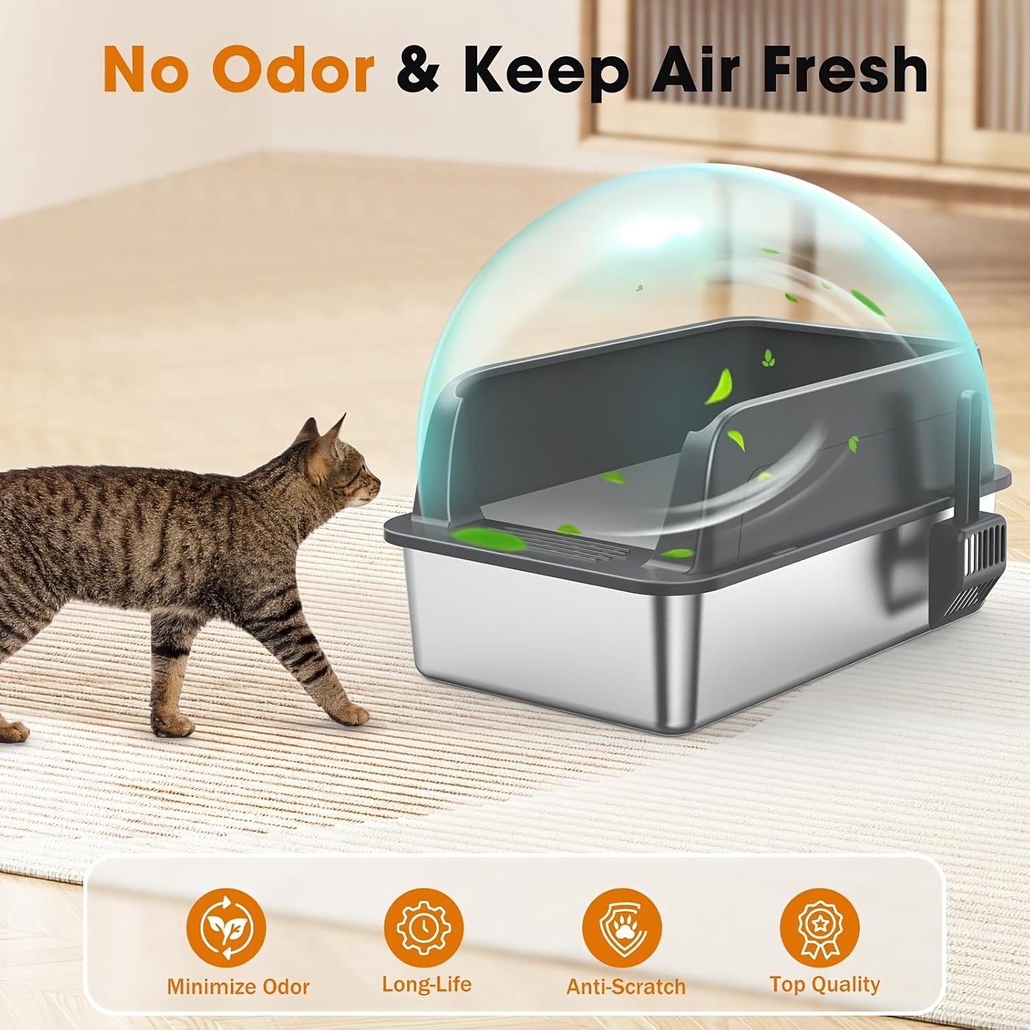 2 Pack Stainless Steel Cat Litter Box, Medium High Sides Litter Box for Multi Cats & Kittens, Anti-Leak Lid, Non-Stick, Odor Control, Easy Clean, Includes Scoop