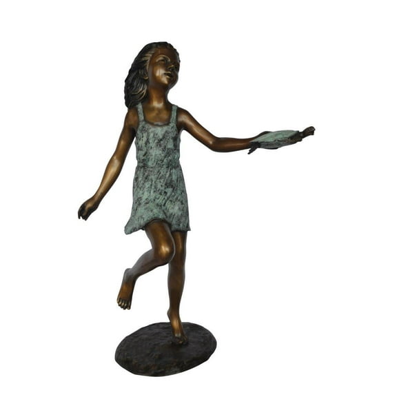 Girl holding turtle bronze fountain statue -  Size: 26"L x 19"W x 37"H.