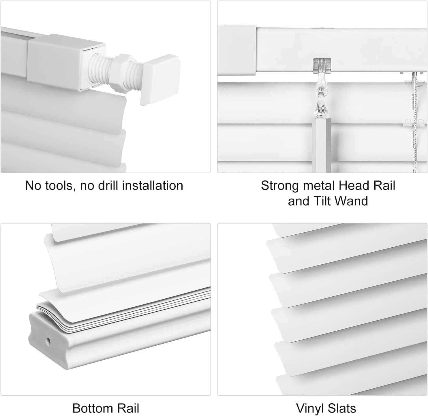 LazBlinds Cordless No Tools-No Drill 1" Vinyl Horizontal Mini Blinds, Light Filtering Blinds for Windows, Blinds & Shades for Window, 36" W x 64" H, White