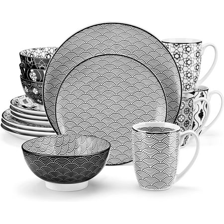 

Ceramic Dinnerware Sets for 4 Haruka Bowls and Plates Set 16 Pieces Black and White Porcelain Patterned Service Set with Cups Bowls Dessert Dinner Plates
