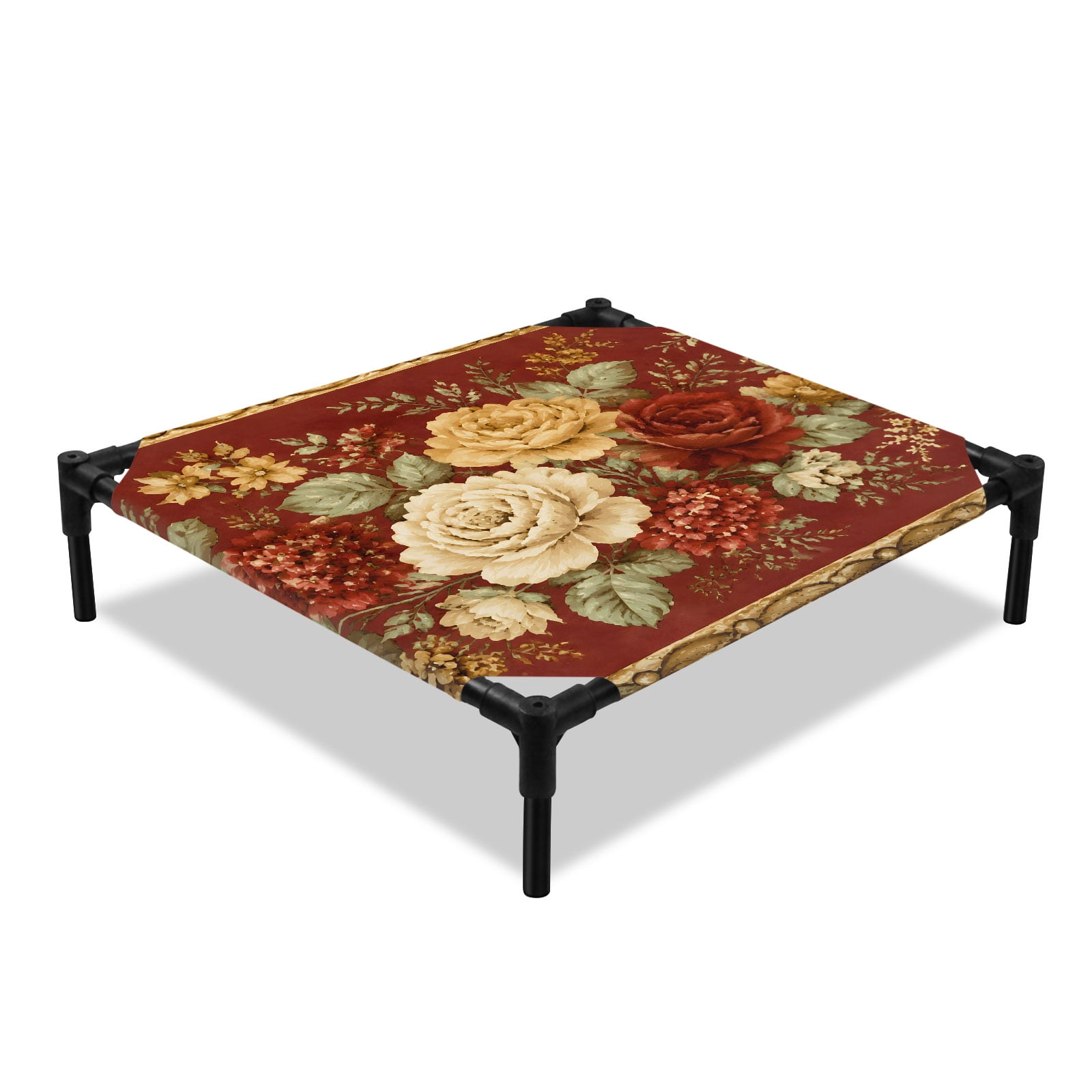 Fall Rose Elevated Dog Bed Country Vintage Red Yellow White Flowers Green Leaf Cooling Breathable Outdoor Raised Dog Cot Bed with Metal Frame Non-Slip Feet for Small Dog 20x20in