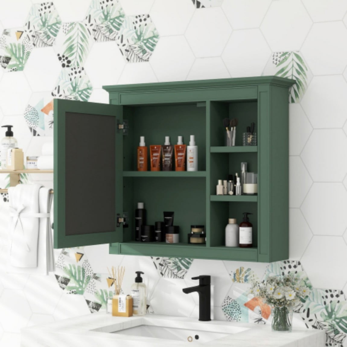 30"x 28" Wall Mounted Bathroom Medicine Cabinet with Mirror, Bathroom Storage Cabinet with Adjustable Shelf & 3 Open Shelves, Modern MDF Mirror Cabinet, Green