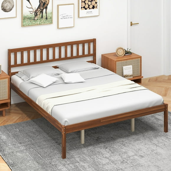 Gymax Queen Platform Bed with Headboard Solid Wood Leg Mattress Foundation Walnut