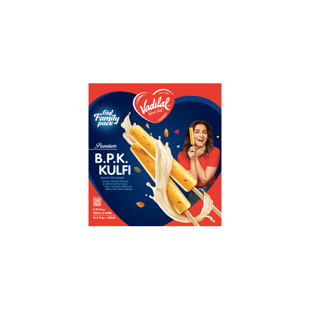 Vadilal Kulfi B. P. K. 6 In 1 80 ml, Vadilal Kulfi BPK 6 In 1 80 ml features six almond pistachio saffron kulfi bars with creamy dense texture and premium flavor.