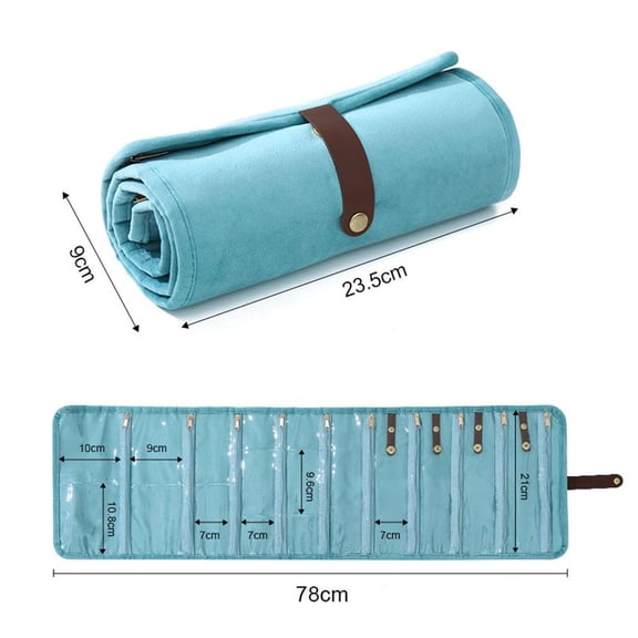 Portable Jewelry Roll Bag, Foldable Travel Jewelry Organizer Case with Zippered Pockets, Velvet Storage Pouch for Rings Necklaces Earrings Bracelets, Roll Up Bag for