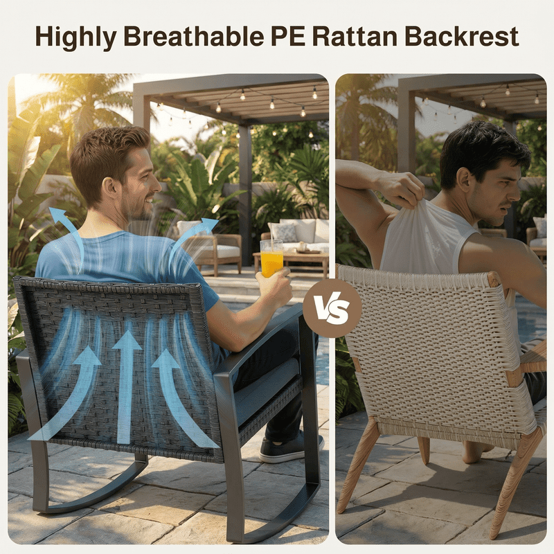3-Piece Outdoor Patio Rocking Bistro Set, PE Rattan Wicker Conversation Furniture with Tempered Glass Coffee Table for Garden Balcony Backyard Poolside, Grey Cushion