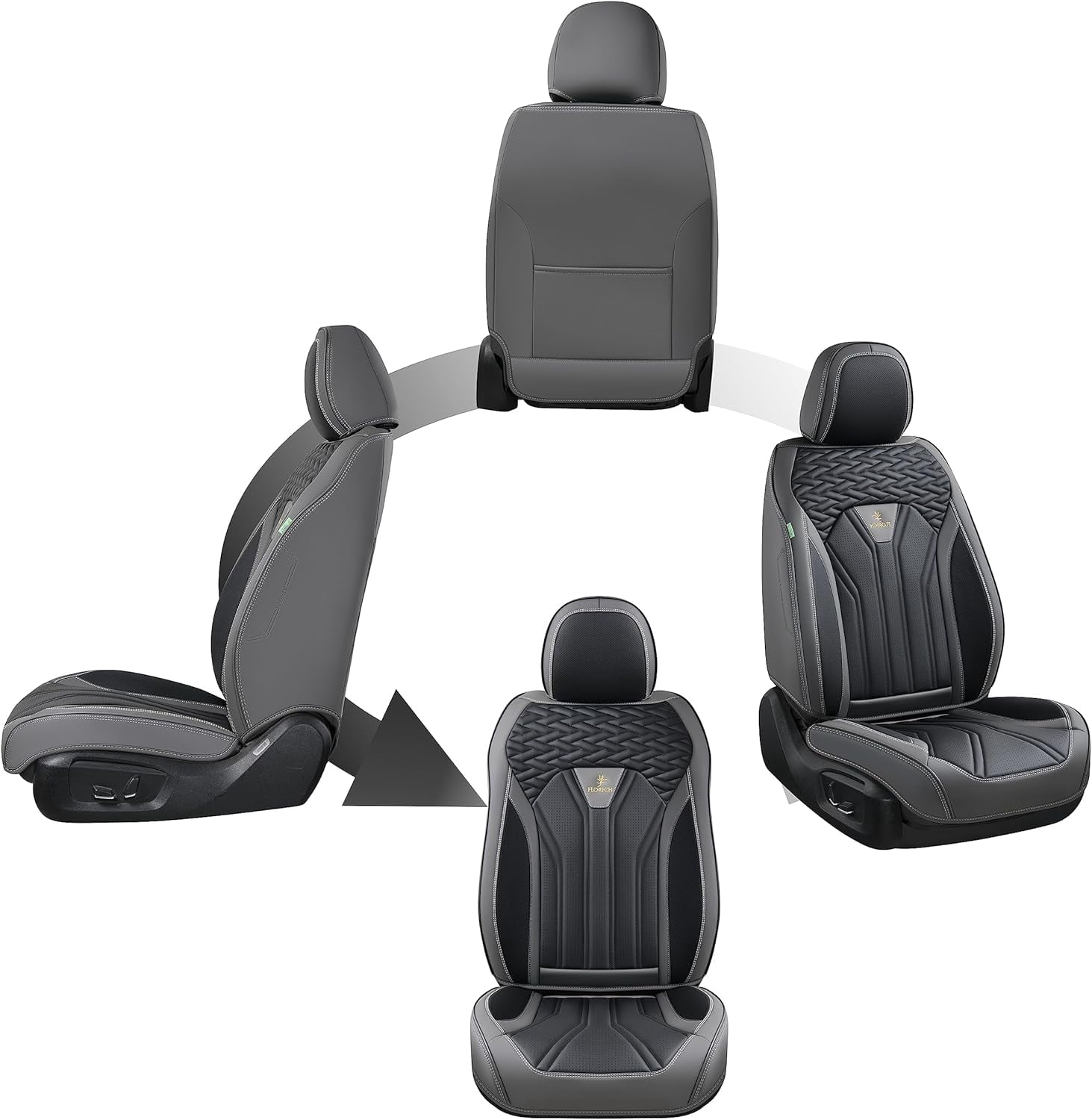 FLORICH Universal Leather Car Seat Cover Full Set, Gray Seat Covers for Cars 5 Seats, Waterproof Front and Rear Automotive Seat Cover Fit for Most Sedans SUV Pick-up Truck, Black & Gray
