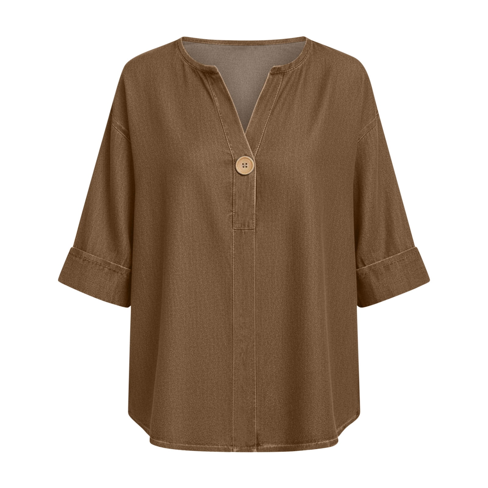 YHAJDS Women's T-Shirts Solid Color V Neck 3/4 Sleeve Relaxed Fit Casual Everyday Top