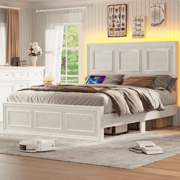 Fastroby Full Platform Bed Frame Wood with LED Headboard & Charging Ports, No Box Spring Required