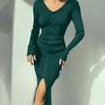thumbnail image 2 of yillto Women Knit Dress Split Long Sleeve Ruched Slim Midi Dresses High Waist Ribbed Formal Outfits, 2 of 6