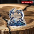 thumbnail image 4 of Rotatable acrylic display features hyper-realistic stained glass dolphins jumping over waves in dark blue and white tones against a pure white background, 4 of 8