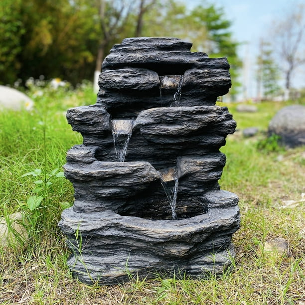 Cya Decor 3 Tier Rock Outdoor Water Fountain With Led Lights For Garden Yard Rustic Gray Com Outdoor Water Fountain With Led Lights, Hometrends Garden Fountain With Led Lights
