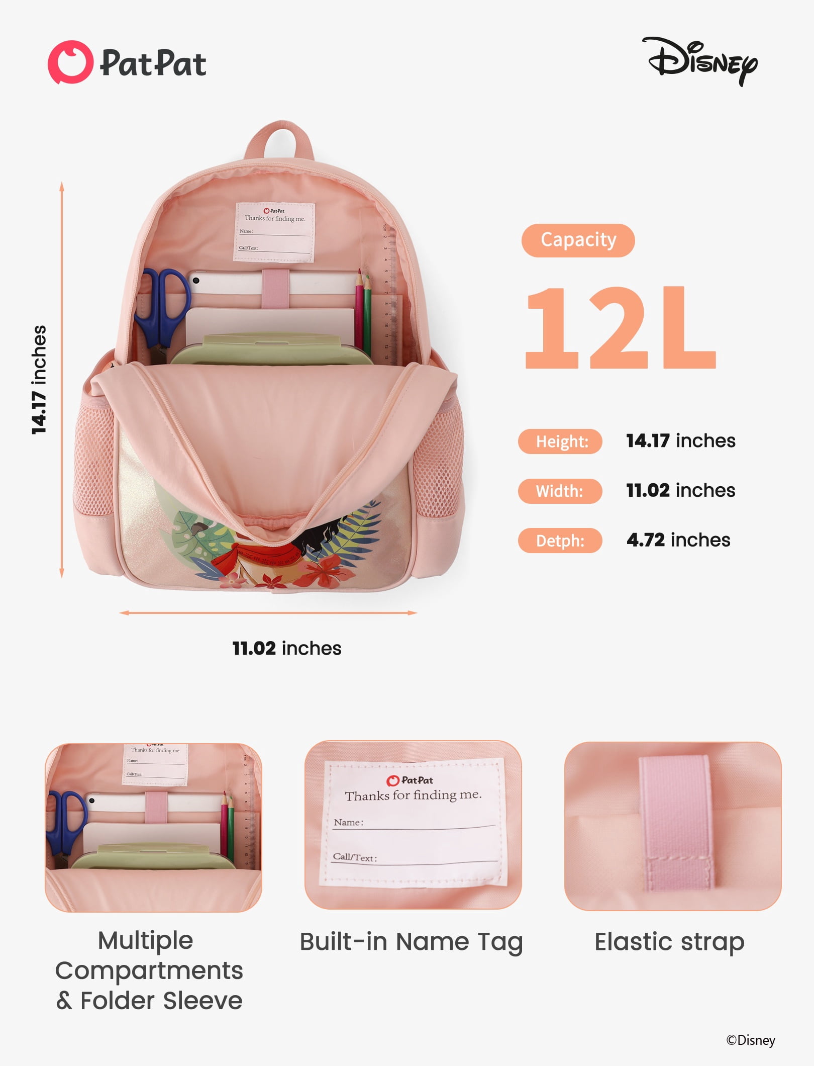 Disney Princess Moana Girls Cute Backpack Water Resistant Toddler Backpack School Kids Elementary Bookbag