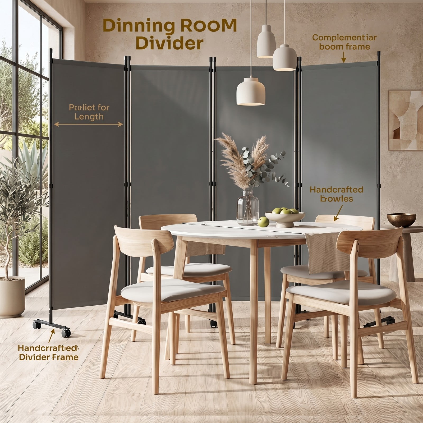 ALPULON 4-Panel Room Divider Freestanding Privacy Screen with 10 Lockable Wheels, Foldable Polyester Fabric Partition with Heavy-Duty Metal Frame for Living Room, Gray