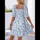 thumbnail image 5 of Vestido Informal de Verano para Mujer, Corta, Cuello Cuadrado, Fruncido, Estilo Bohemio, Floral, Minivestido Fluido de Corte A Azul XXL, 5 of 7