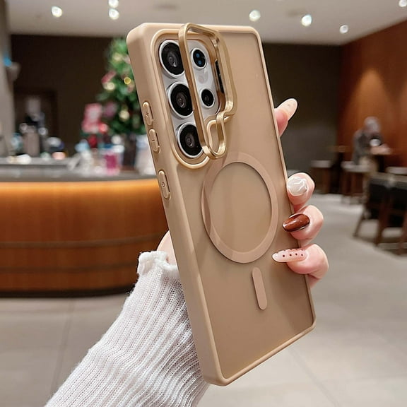 Compatible with Samsung Galaxy S25 Ultra Magnetic Case, [With Metal Camera Ring Stand][Compatible with Mag-safe] [Translucent Matte] Anti-fall Shockproof Protective SkinFeel Phone Case,Desertgold