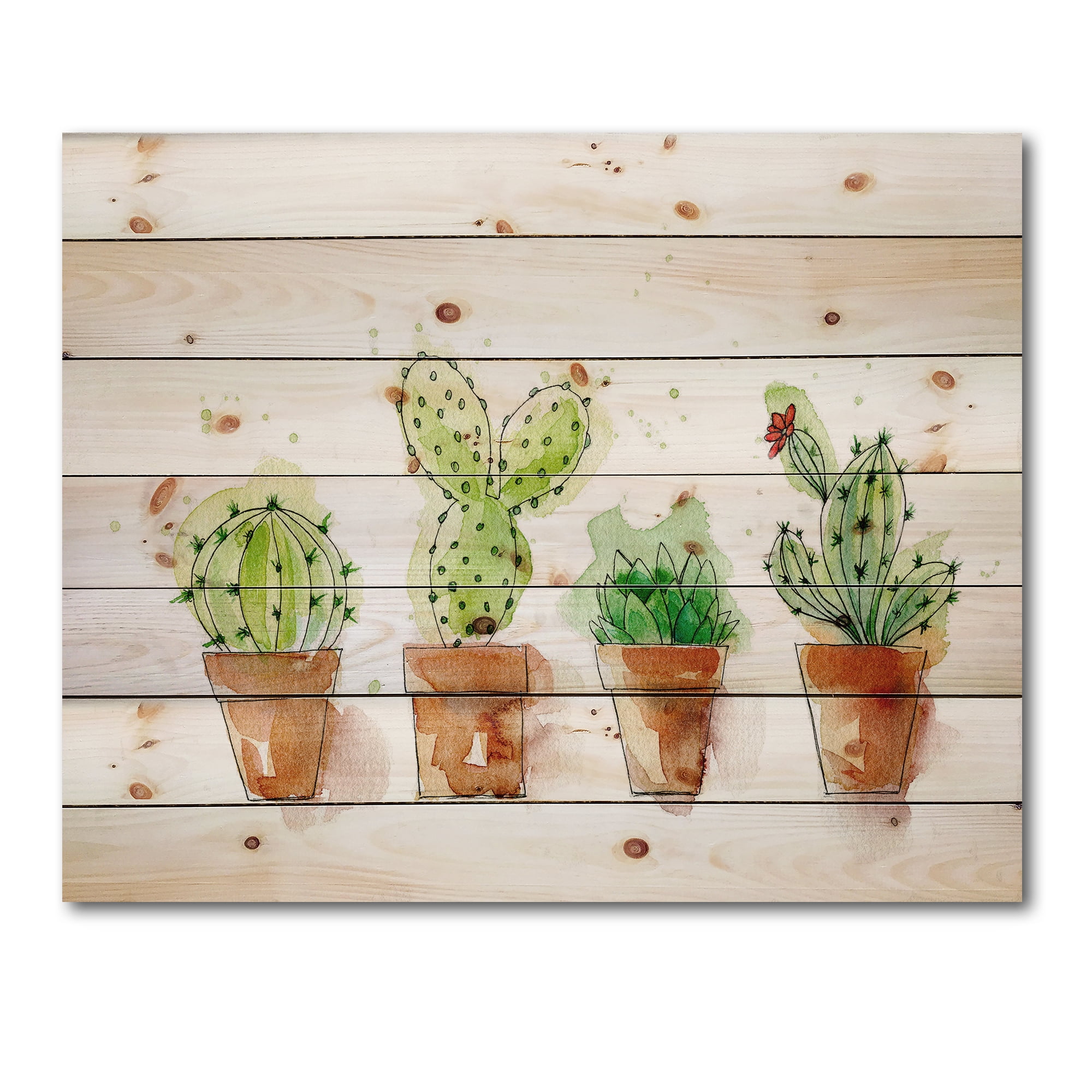 Designart 'Cacti In Gentle Tones In Ceramic Pots I' Botanical Print on Natural Pine Wood