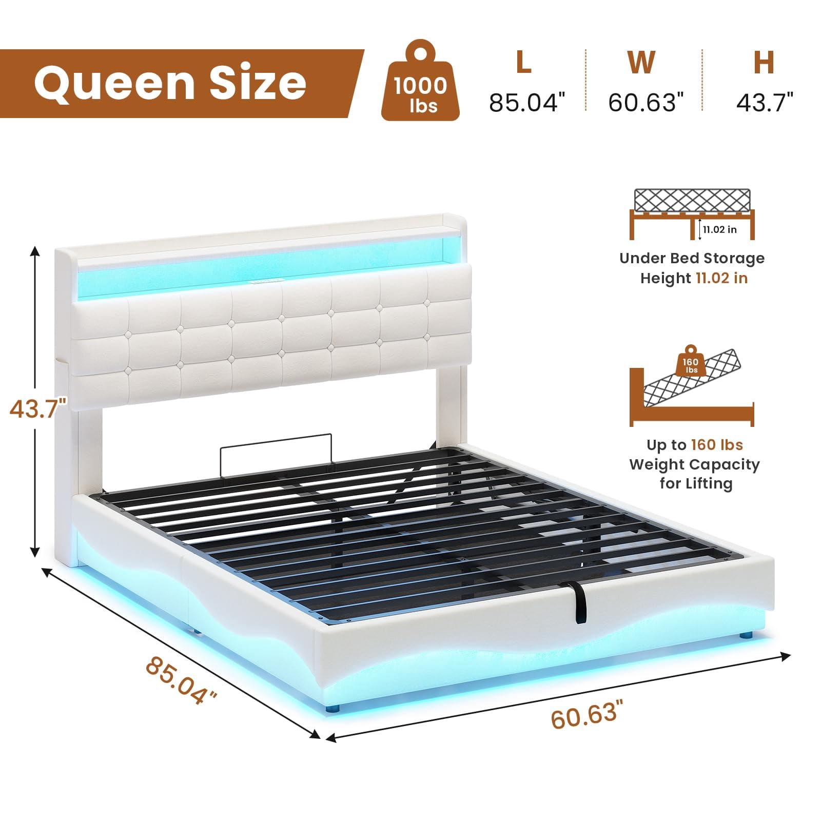 Amuzer Bed Frame Queen Size with Lift Up Storage, Power Outlet,LED Lights Storage Headboard,Velvet Upholstered Queen Bed, No Box Spring Needed,Creamy White