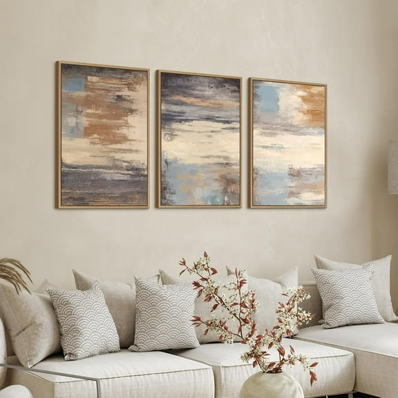 Large Abstract Framed Wall Art - Canvas Wall Art Pictures Prints for Living Room Decor Natural Float Framed Artwork for Bedroom Kitchen Home Office Decoration 60" X 28" Set of 3 Blue Grey