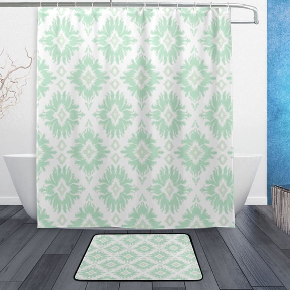 TTYFWHD 60" x 72" Shower Curtain and Bath Mat Set Green Floral Diamond Pattern Waterproof Bathroom Curtain with 12 Hooks, Bathroom Decor Set