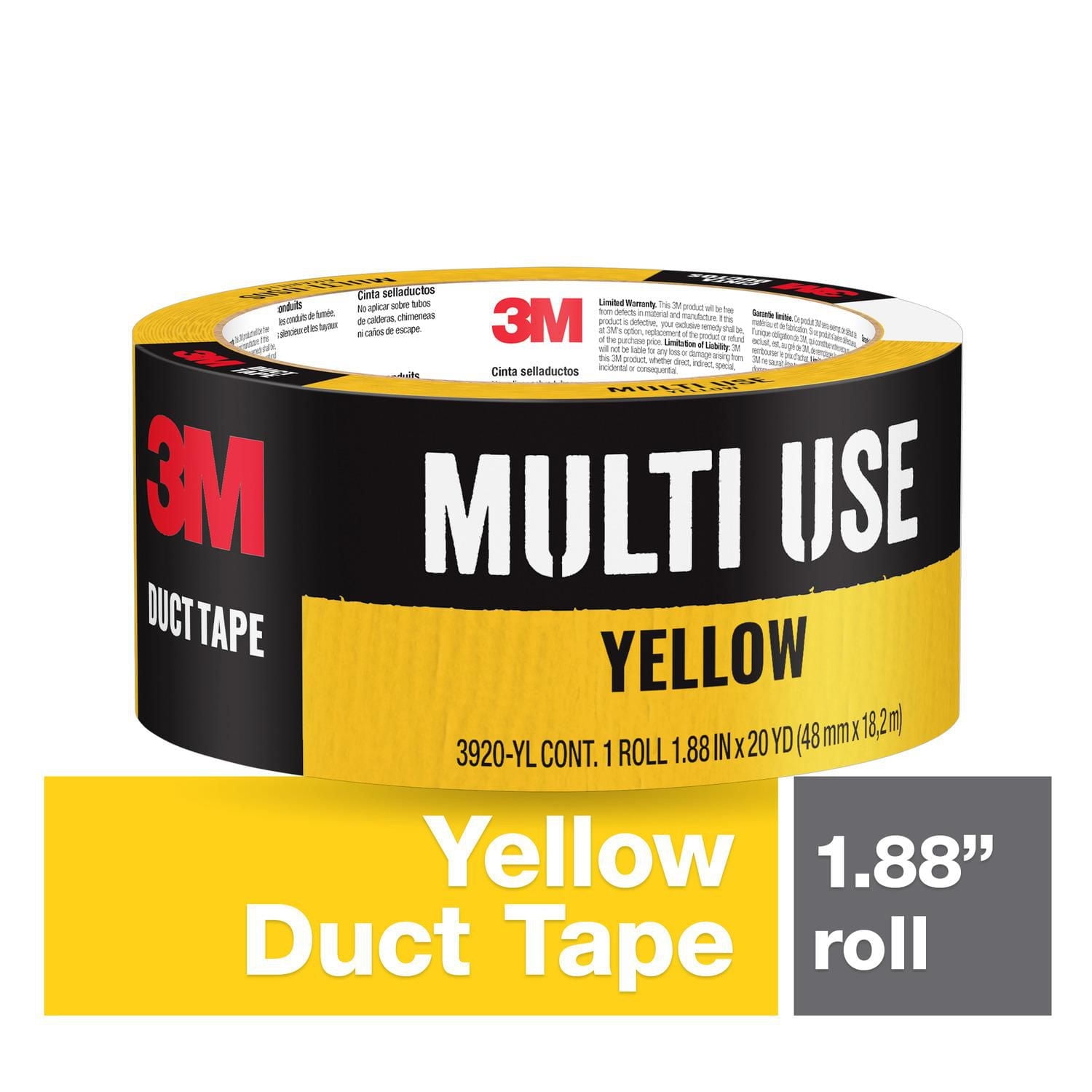 3M™ Multi-Purpose Duct Tape, 3920-YL, Yellow, 1.88 in x 20 yd, 1 Per Pack