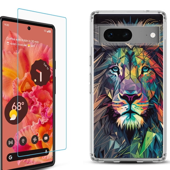 OneToughShield ® for Google Pixel 7a Shockproof Bumper Phone Case, with Tempered Glass Screen Protector - Geometric Lion