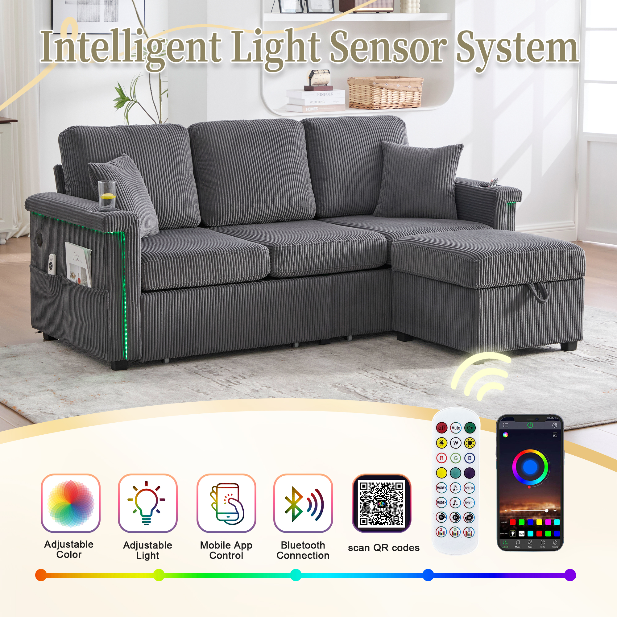 MOONMISS Corduroy Upholstered L-shaped Pull-Out Storage Sectional Sofa with Storage Ottoman,USB Charging,Cup Holder-Gray