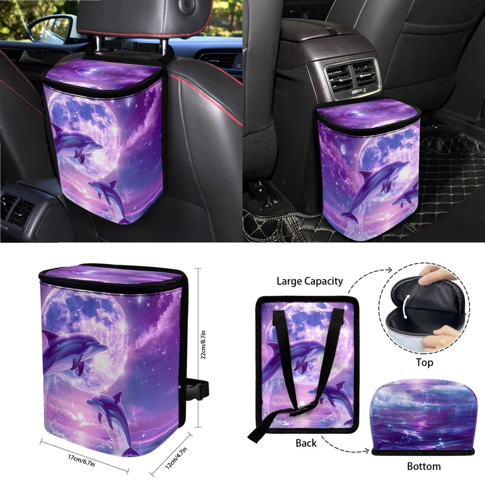 KUIFORTI 15PCS Dolphin Car Seat Covers Full Set/Seatbelt Shoulder Pads/Steering Wheel Cover/Keychain/Cup Mats/Rear View Mirrow Cover/Garbage Can/Car Mount Phone Holder, Purple