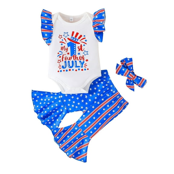 Wassery 4th of July Toddle Girls Pants Set Independence Day Clothes Fly Sleeve Crew Neck Letters Print Tank Tops Flare Pants 2Pcs 3M 6M 9M 12M 18M Baby Summer Casual Outfits 0-18M