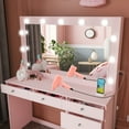 thumbnail image 3 of Ember Interiors Peggy Modern Large Pink Vanity Desk with Lighted Mirror, 7 Drawers, Power Outlet with USB Type-C and Crystal Knobs for Women & Teens, 3 of 6
