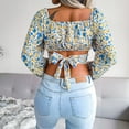 thumbnail image 3 of Back Tie Up Crop Top, Lantern Long Sleeve Top Breathable Ruffles Elegant  Polyester Square Neck Adjustable  For Shopping White S, 3 of 8