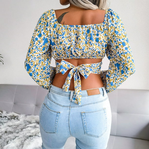 Square Neck Puff Sleeve Crop Top, Women Square Neck Floral Print Lantern Long  Sleeve Back Tie Up Bowknot Crop Top Blouse 