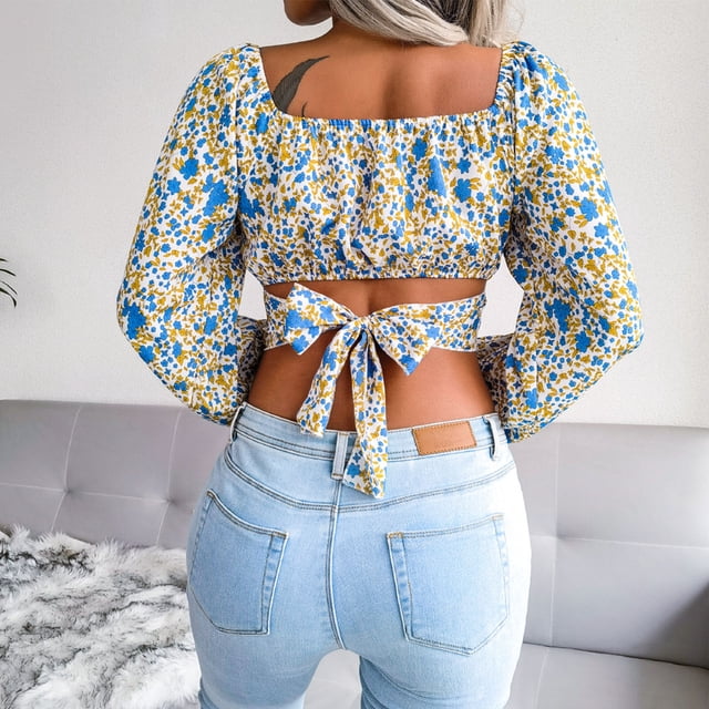 Top corto NikouMX Floral Manga Larga Cuello Cuadrado