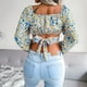 thumbnail image 2 of Camisa con estampado floral, blusa con lazo en la espalda cuadrada y estampado floral para mujer, top corto con cuello cuadrado, materiales ecológicos, 2 of 9