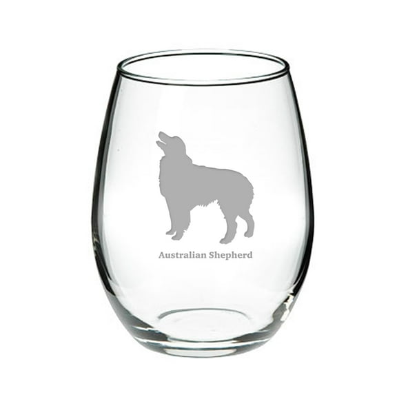 Australian Shepherd Deep Etched Stemless Red Wine Glass