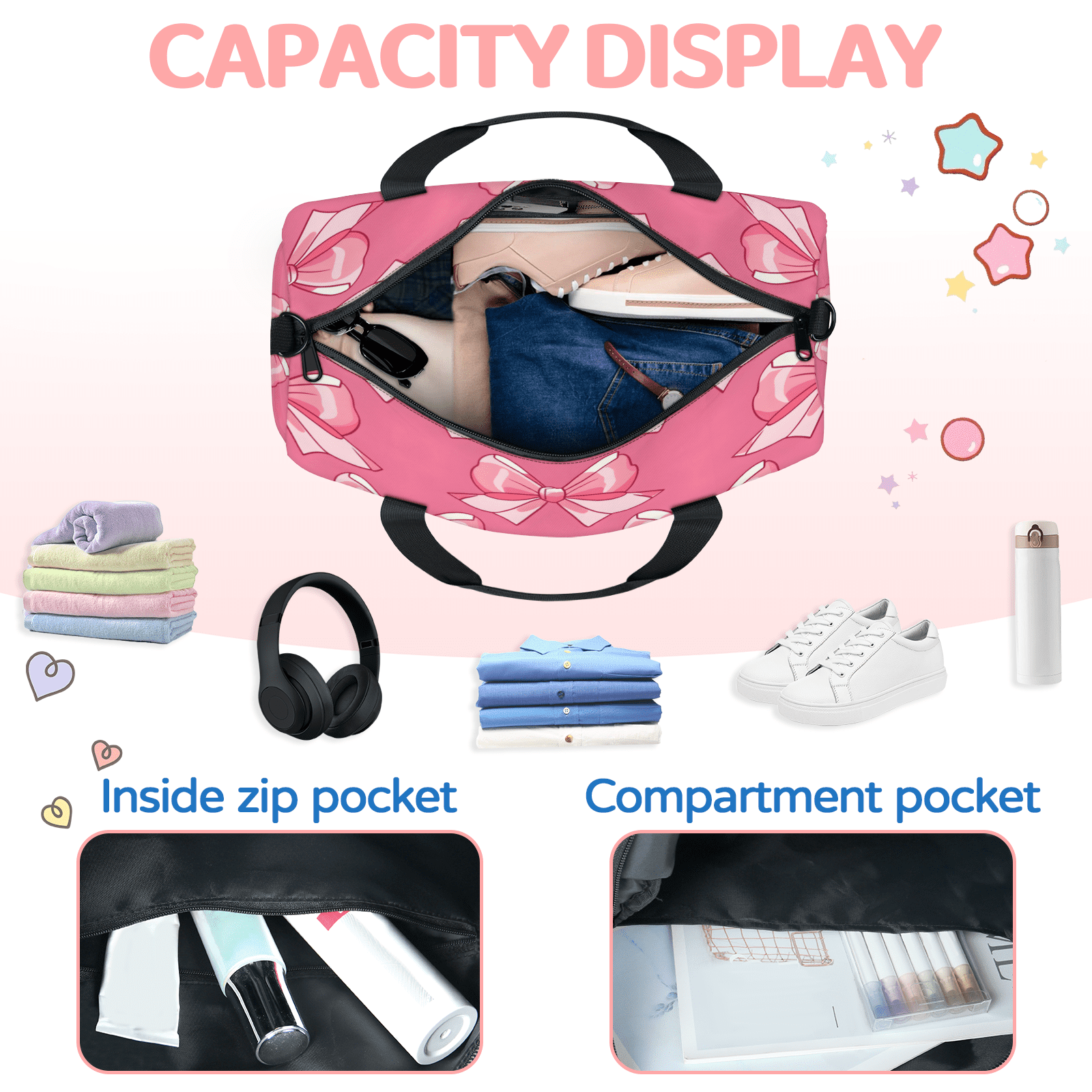 Herdesigns Pink Gym Bag for Women, Duffle Bag for Travel Sport, Bow Lightweight Waterproof Carry on Weekender Dance Yoga Workout Bags
