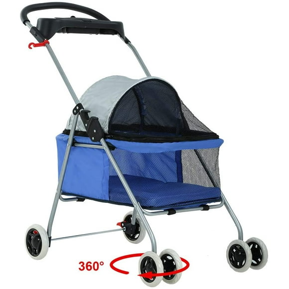 BestPet Foldable 4-Wheel Pet Stroller, Lightweight Waterproof Dog & Cat Carrier, Cup Holder, Portable Pet Travel Jogger – Blue