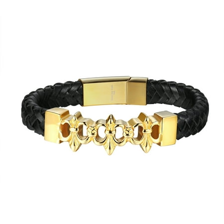 - Saints Design Bracelet Braided Leather Rope Gold Tone Over Stainless Steel Hip Hop