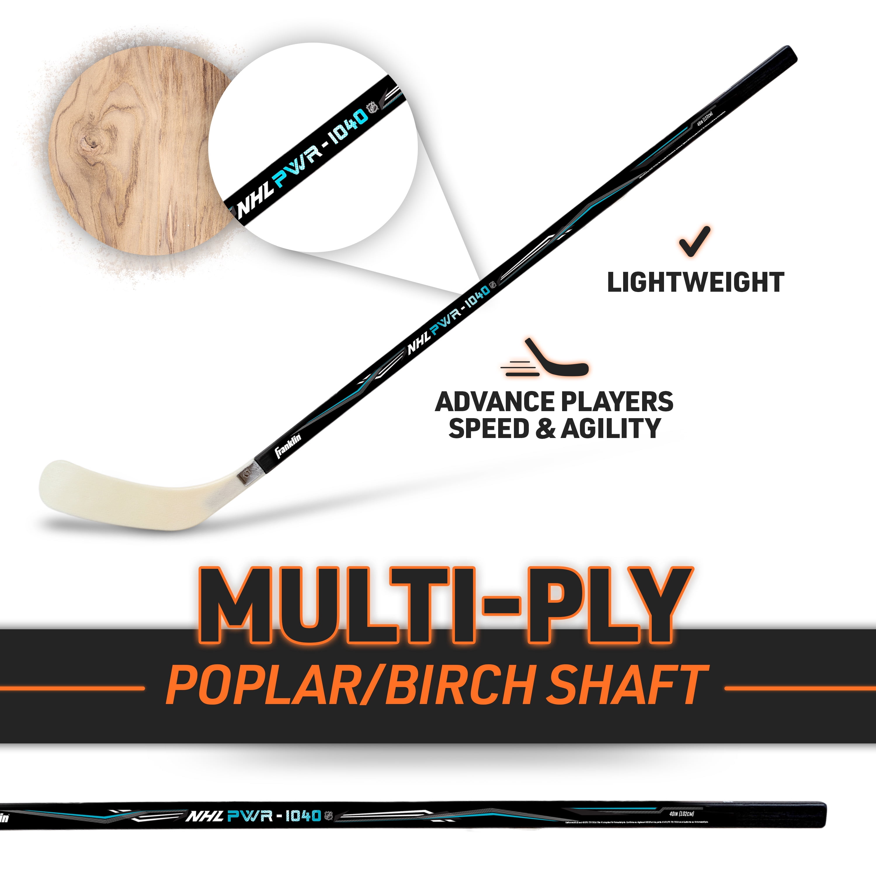 Franklin Sports NHL Youth Street Hockey Stick - Power 1040 Kids Outdoor Street Hockey Sticks - 48" Inch Youth Junior Hockey Stick for Kids - Left Handed Hockey Stick - Wood/Fiberglass Shaft - Lefty