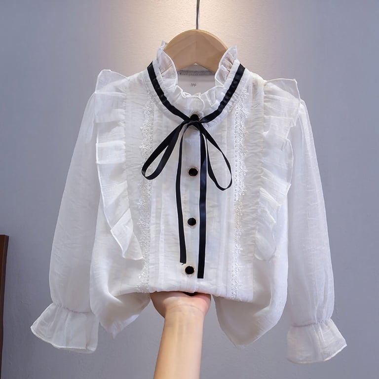 Fengqque Girls' Long Sleeve Blouse Ruffle Mock Neck Black Satin