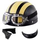 thumbnail image 1 of Casco de moto vintage CHAO cuero negro y amarillo con gafas, 1 of 3
