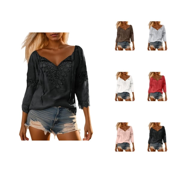 3/4 Length Sleeve Womens Tops Cotton Linen Elegant Lace Off Shoulder V Neck Boho T Shirts Casual Blouse