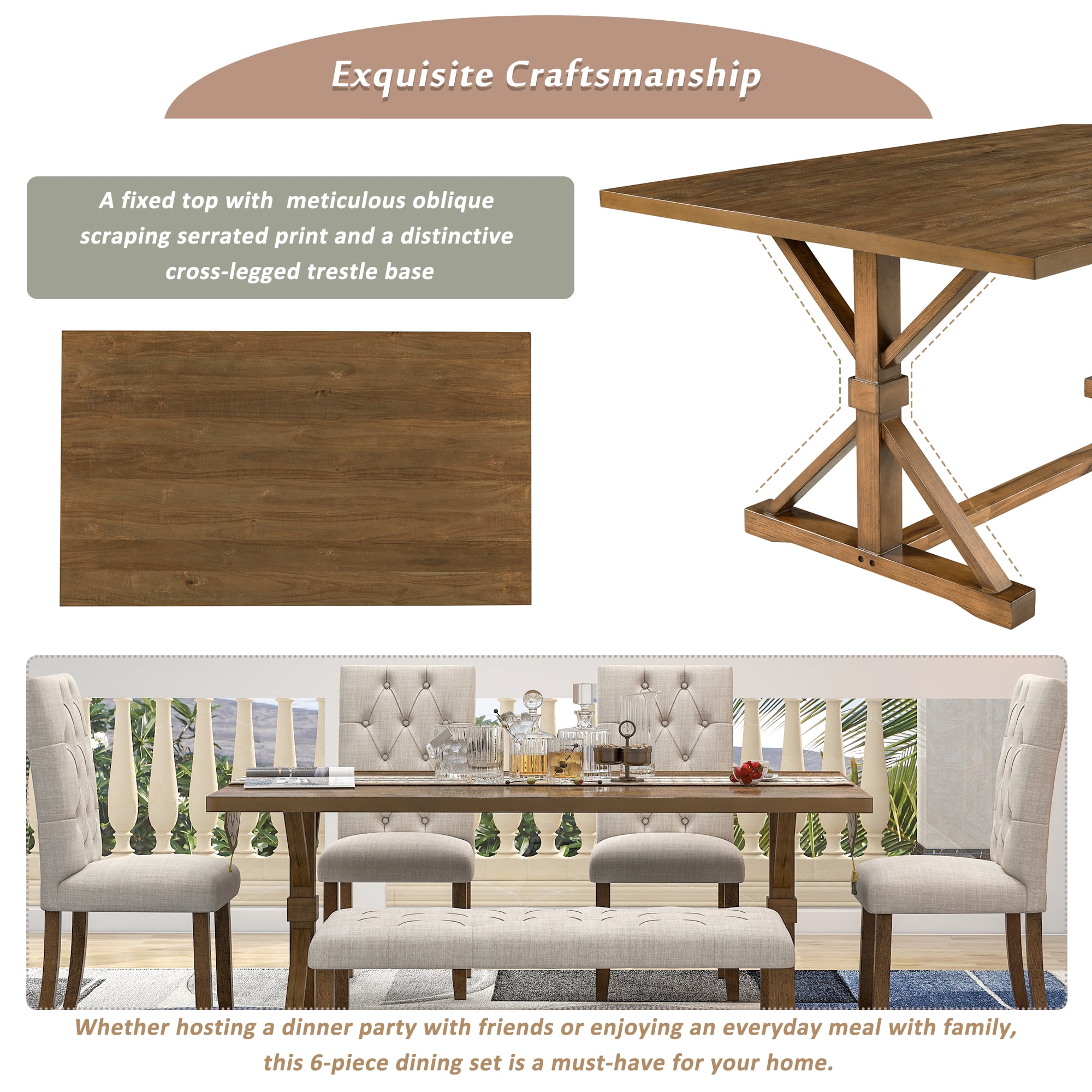 Howcool 6-Piece Farmhouse Dining Set, 72" Rectangular Wood Table, 4 Upholstered Chairs & Bench, Walnut