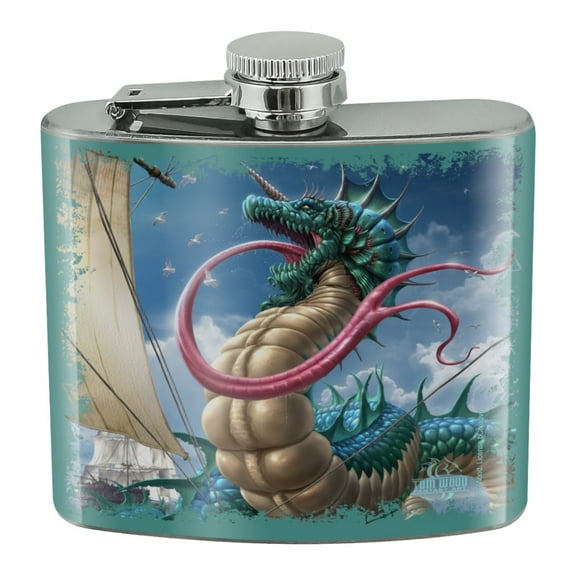 Leviathon Sea Serpent Ocean Dragon Monster Fantasy Stainless Steel 5oz Hip Drink Kidney Flask
