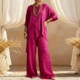 thumbnail image 2 of NMMUED Women’s Cotton Linen 2 Piece Set Summer Casual Lounge Outfit Asymmetrical Draped Top Full Length Wide Leg Pants with Pockets Loose Fit Matching Loungewear Linen Outfits Women 2 Piece, 2 of 5