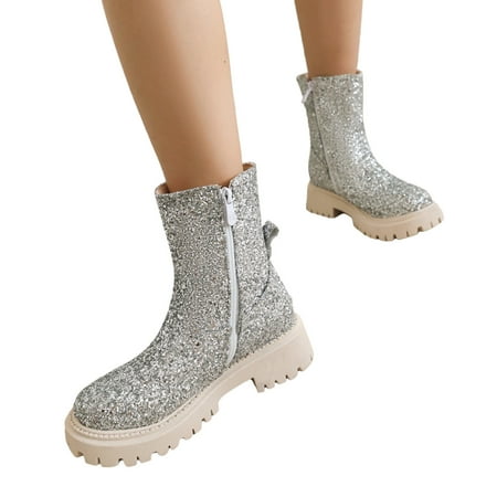 

YHIWU Boots for Women 2024 Cowboy Boots for Women Ladies Fashion British Style Sequin Decoration Flat Heel Lug Sole With Side Zipper Short Boots