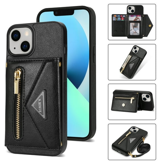 Jiahe Cover Case for iPhone 14 Plus 6.7-inch,Magnetic Wallet Removable Adjustable Shoulder Strap Crossbody Flip Leather Back Zipper Purse Case with Card Slot Holder Stand Cover,Black
