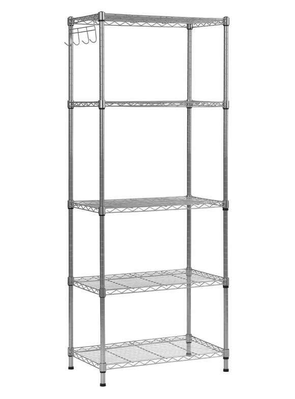 Muscle Rack 5 Tier Wire Shelving Unit with Hooks in Silver
