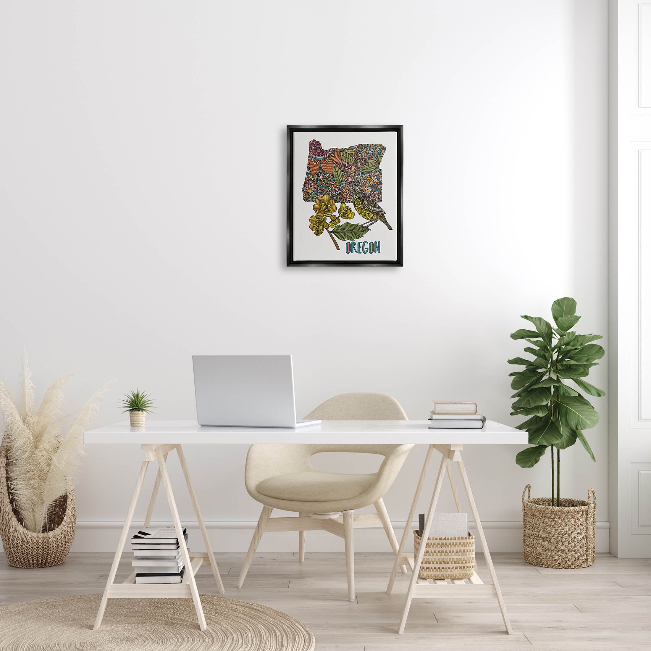 Stupell Industries Oregon State Flower Bird Graphic Art Jet Black Floating Framed Canvas Print Wall Art, Design by Valentina Harper