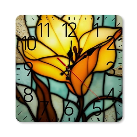 RKSupls 10×10inch Square Silent Wall Clock Wooden Frame, Stained Glass Lily Flower Window Scale Decorative Clock for Home Bedroom Living Room Office